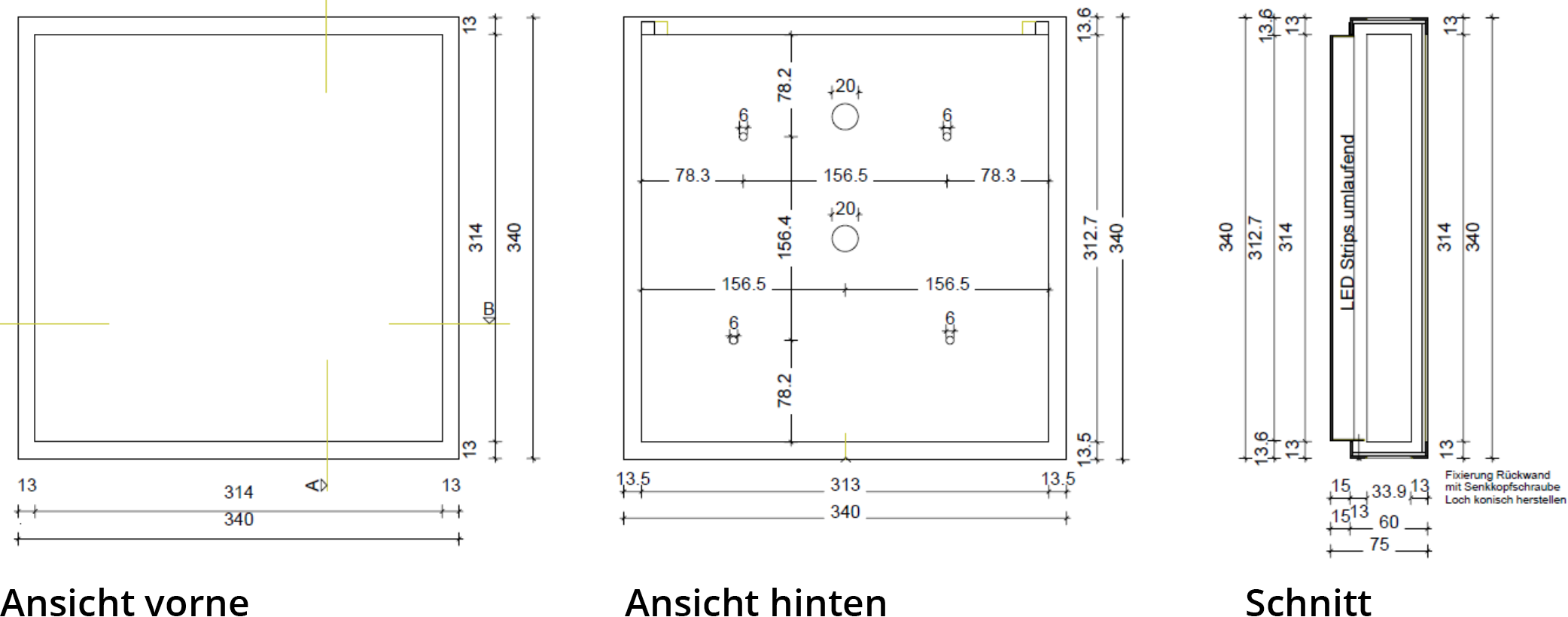 clasetta – quadrat unum 340, technische Zeichnung
